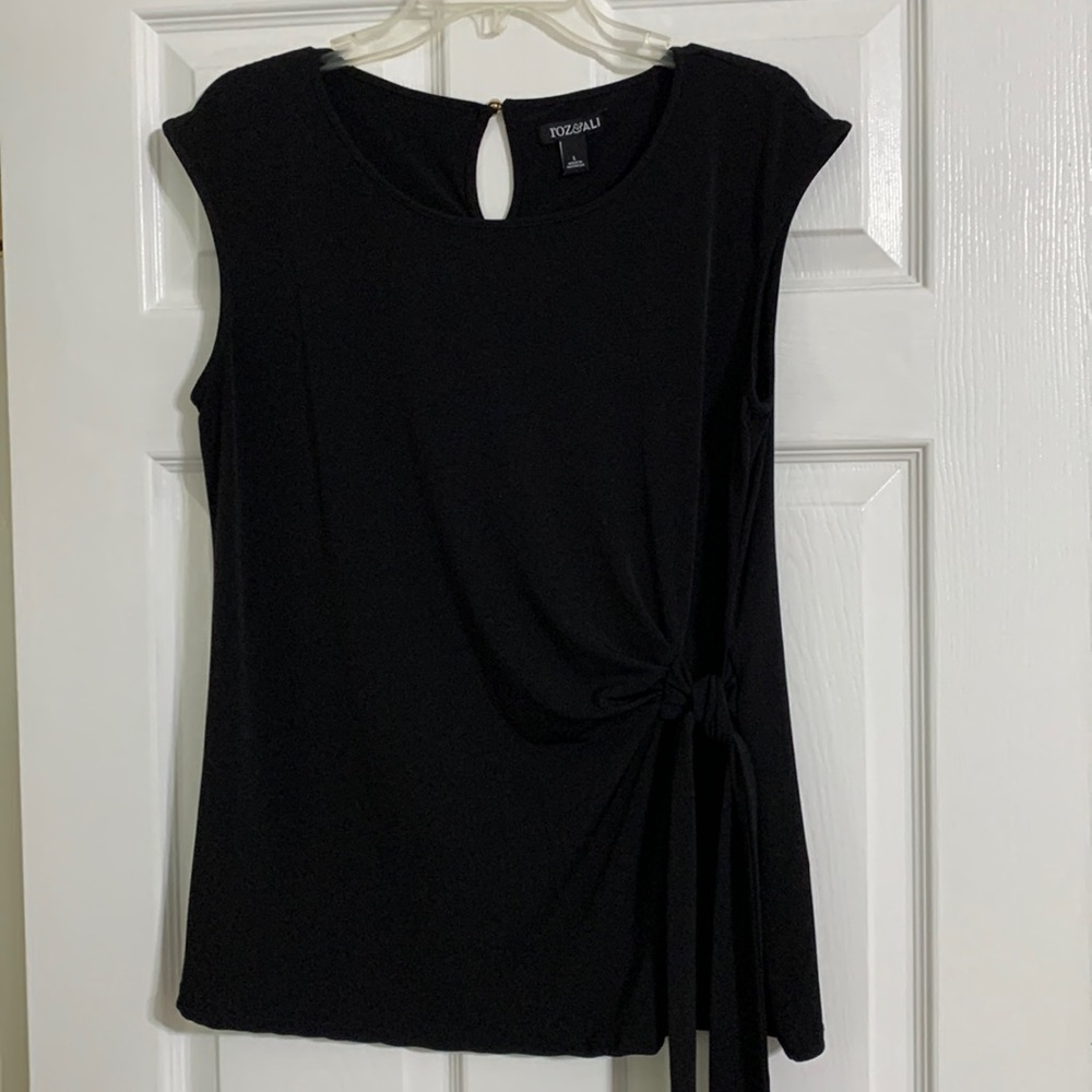 Rozv& Ali black sleeveless blouse with ruched tie at hip